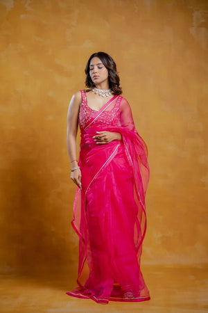 Bright Pink Silk Organza Saree Set