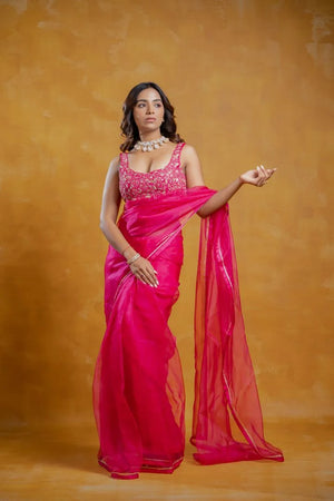 Bright Pink Silk Organza Saree Set