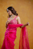 Bright Pink Silk Organza Saree Set