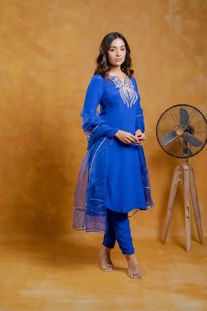 Cobalt Blue Crepe Mirror Work A-Line Kurta Set