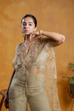 Olive Green Silk Organza Hand Embroidered Cape Set