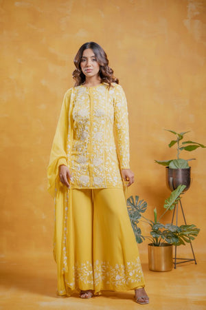 Yellow Georgette Thread Embroidered Kurta Set