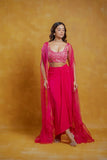 Bright pink hand embroidery drape skirt set