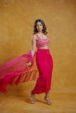 Bright pink hand embroidery drape skirt set