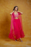 Bright pink hand embroidery drape skirt set