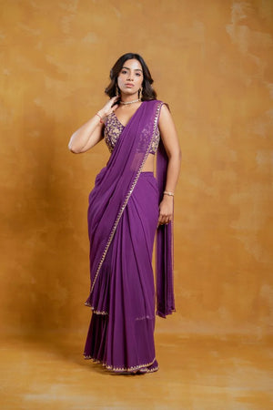 Deep Purple Georgette Mirror Embroidered Pre-Draped Saree Set