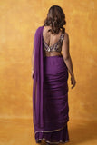 Deep Purple Georgette Mirror Embroidered Pre-Draped Saree Set