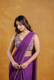 Deep Purple Georgette Mirror Embroidered Pre-Draped Saree Set