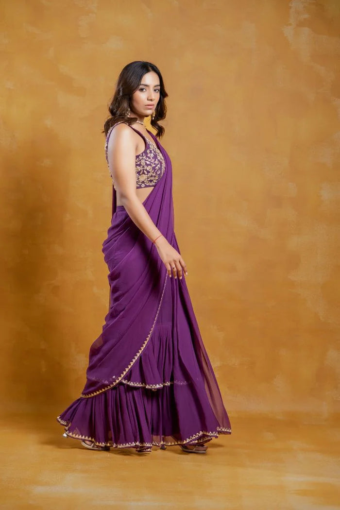 Deep Purple Georgette Mirror Embroidered Pre-Draped Saree Set